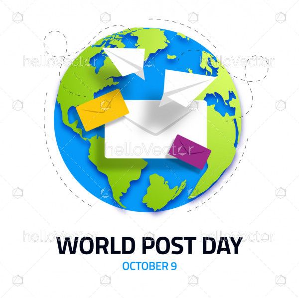 Envelope with colorful earth design concept for world post day