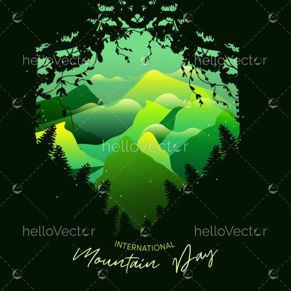 Green mountain with trees silhouettes, International mountain day concept