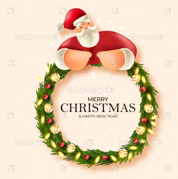 Santa With Christmas Wreath, Merry Christmas Realistic 3d Card