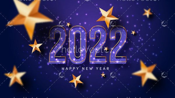 Happy new year 2022 purple background with golden stars
