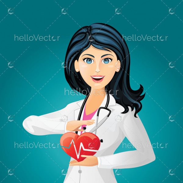 Doctor cardiologist with red heart. Female doctor with stethoscope holding heart - medical concept vector background.