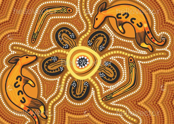 Aboriginal dot yellow artwork with kangaroo