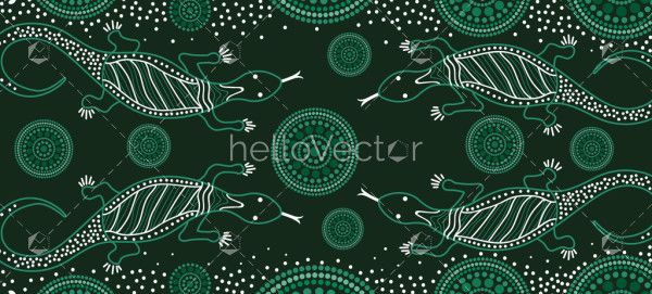Aboriginal dot art vector green background with lizard