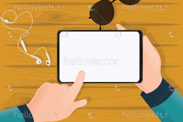 Hand holding tablet, Tablet blank screen on table top view
