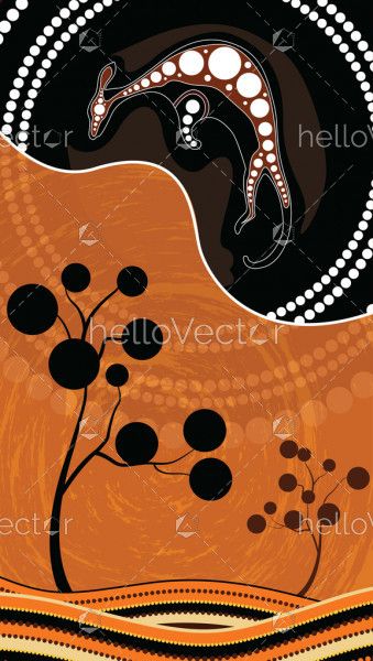 Aboriginal art vector background, Nature concept, Dot art painting with kangaroo and tree.