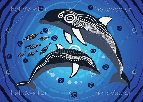 Mother and baby dolphin aboriginal artwork - Vector