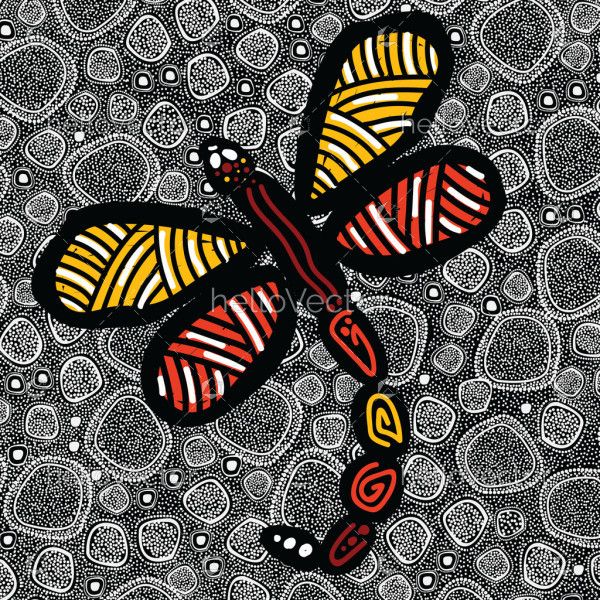 Aboriginal dot art vector painting with dragonfly