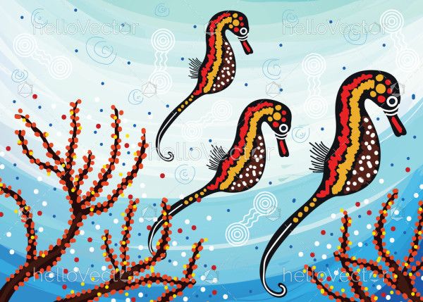 Aboriginal style of dot seahorse artwork - illustration