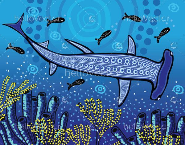 Aboriginal art vector painting with hammerhead shark