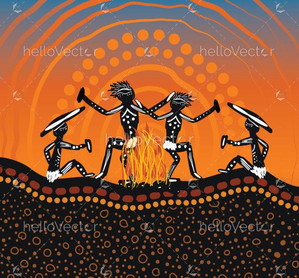 People dancing around the campfire aboriginal art