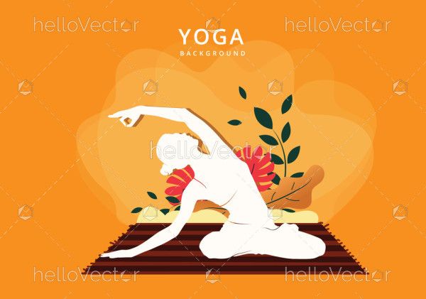 Woman doing yoga on abstract floral yellow background