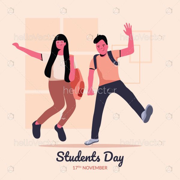 Two happy students in cartoon style, World students day banner
