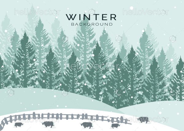 Hand drawn winter landscape illustration with pine trees