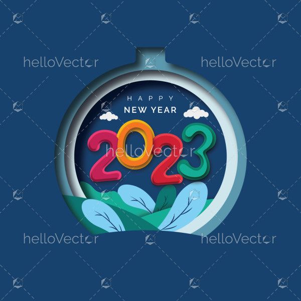 Blue new year 2023 card design in paper cut style