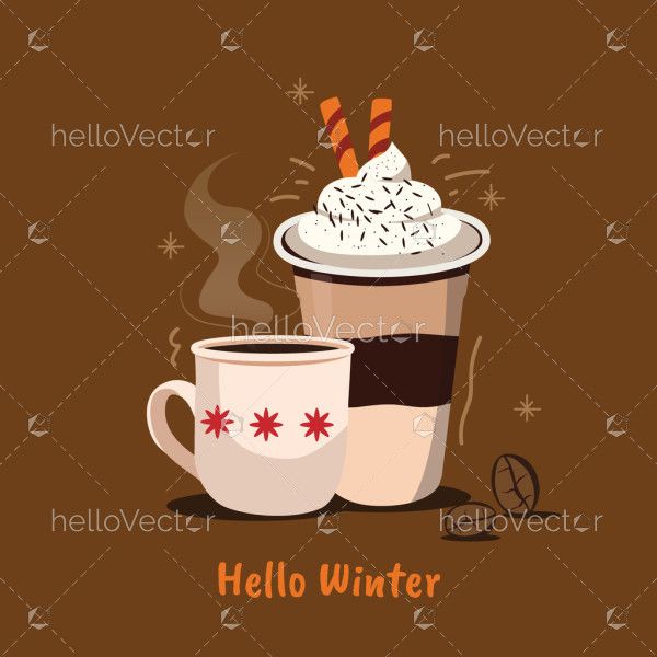Hot and cold coffee cup illustration on brown background