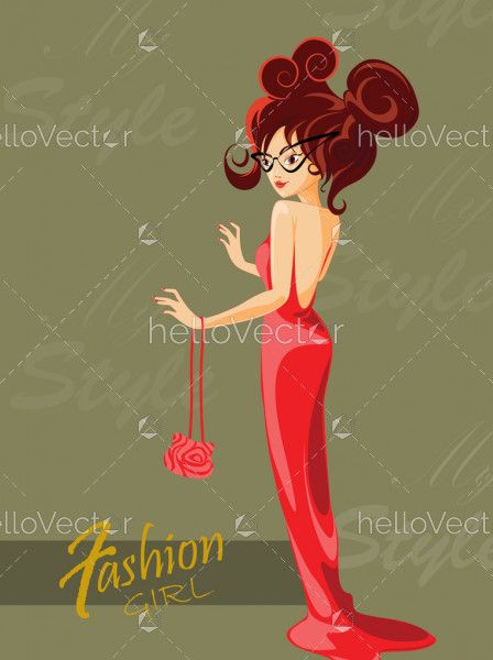 Fashion woman in red dress illustration, Beautiful stylish model posing, Fashion cover page design - Vector