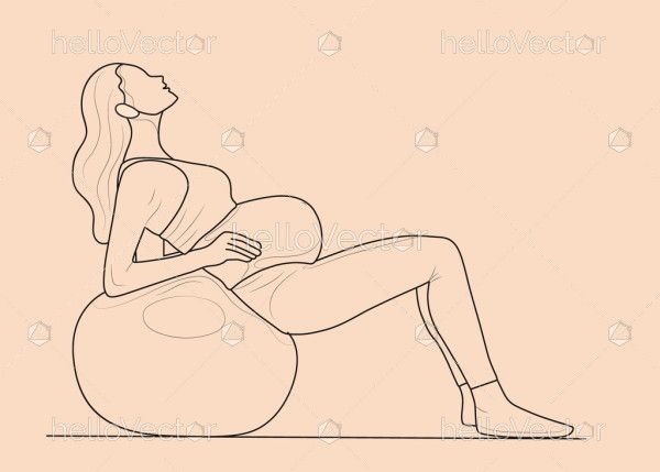 Line drawing of a pregnant woman doing exercise with a Swiss ball
