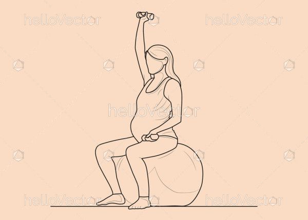 Pregnant woman line drawing with dumbbells and Swiss ball