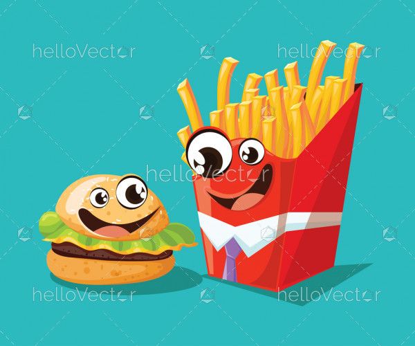 Fast food cartoon characters, burger and french fries with cute smiling face