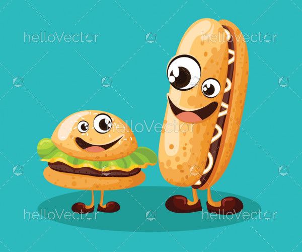 Funny burger and hot dog cartoon characters with cute smiling face