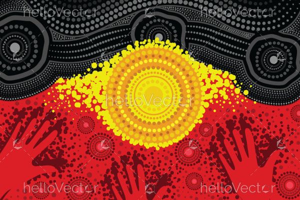 Aboriginal dot art background with hand print