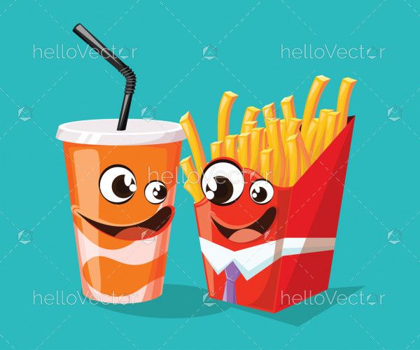 Fast food cartoon characters inspired by french fries and soda - vector illustration