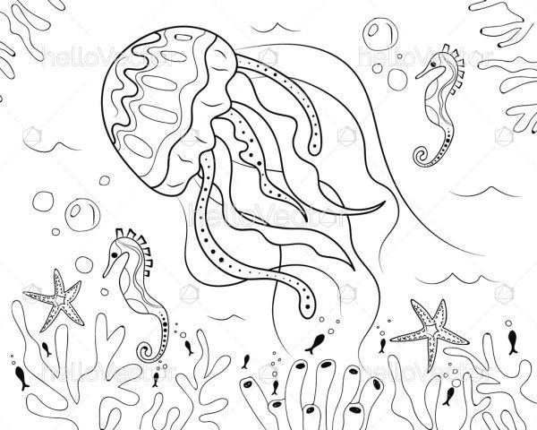 Jellyfish Underwater Coloring Book Illustration