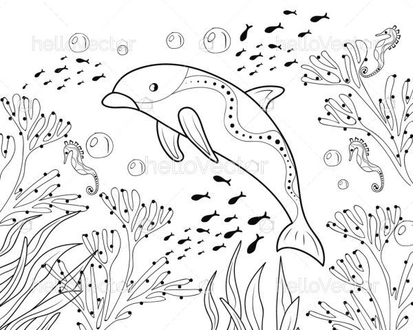 Hand drawn underwater scenery coloring book illustration