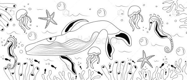 A drawing of the ocean world for children to color