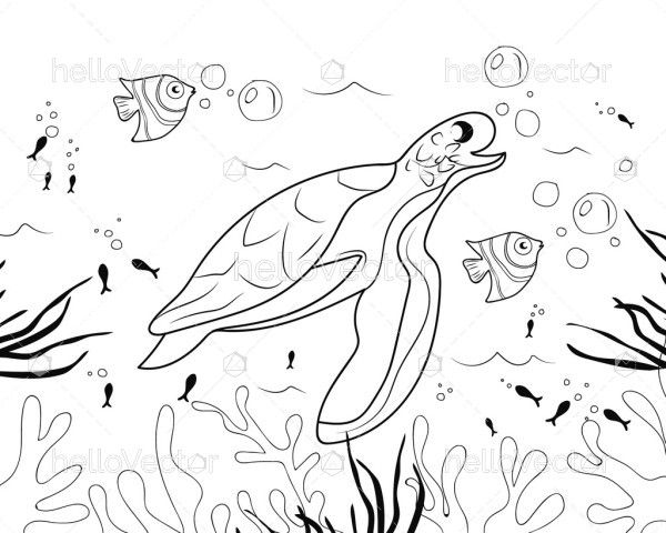 Underwater turtle coloring page illustration