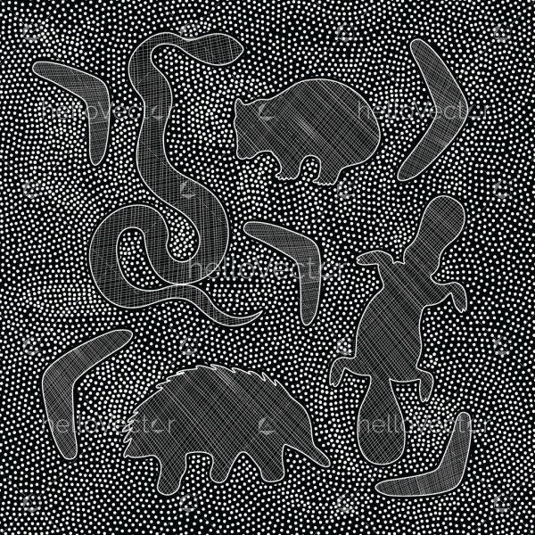 Aboriginal dot grey artwork with animals