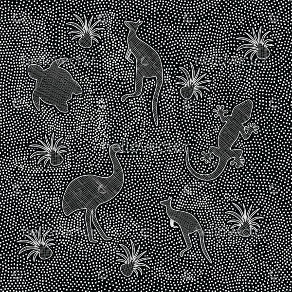 Aboriginal back and white dot painting with animals