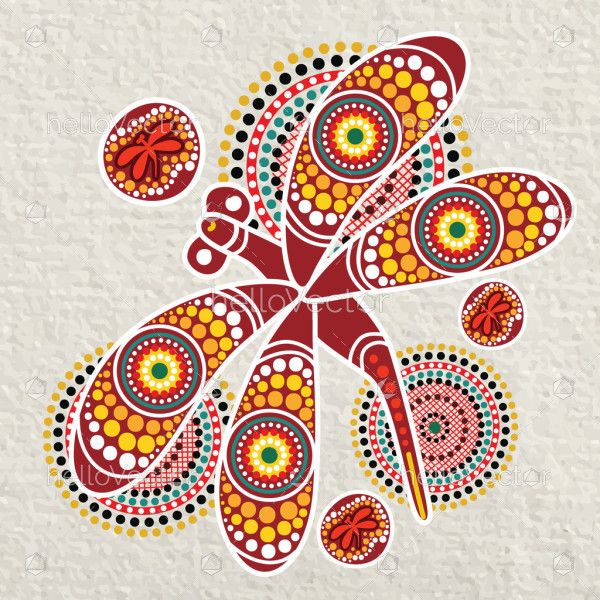 Colorful dragonfly artwork with aboriginal dot art style
