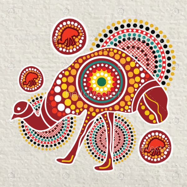 Colorful Emu artwork with aboriginal dot art style