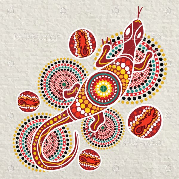 Colorful lizard artwork with aboriginal dot art style