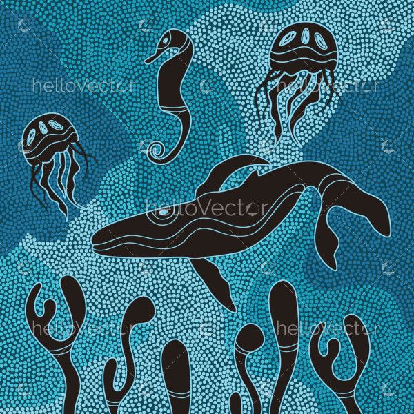 Aboriginal style underwater painting illustration