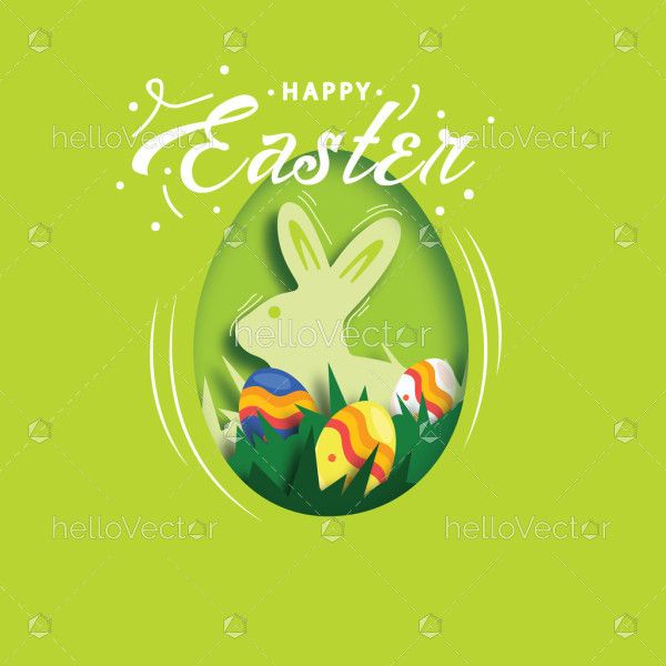Green flat Easter background with eggs and rabbit on grass