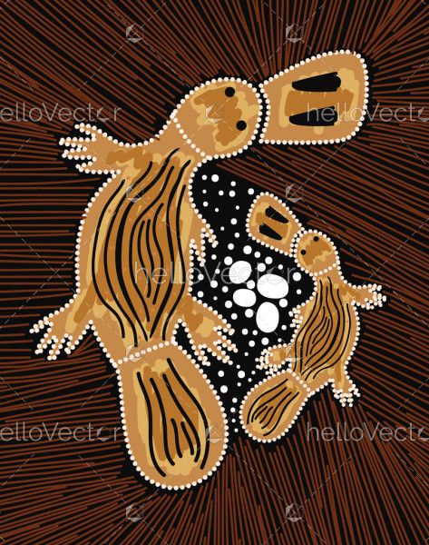 Aboriginal art of Platypus mother and baby illustration