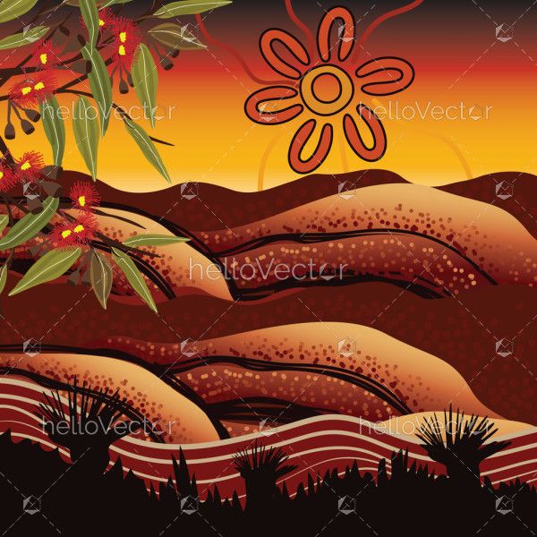 Aboriginal painting that portrays their connection to nature and land using a mountain motif