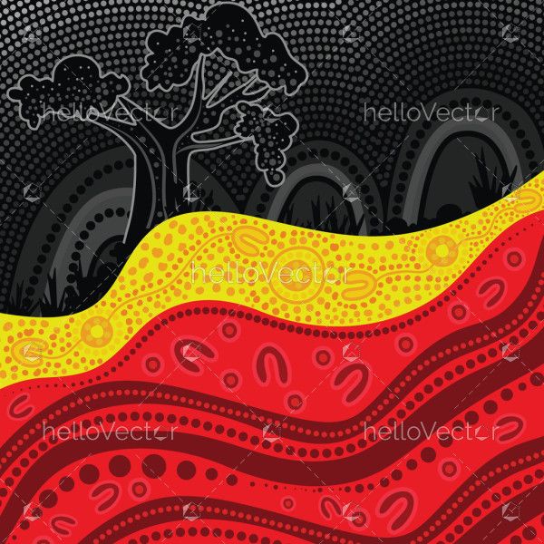 Aboriginal-inspired dot nature painting featuring the colors of the aboriginal flag