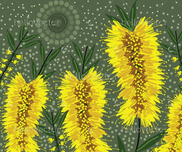 Yellow bottle brush flora in aboriginal painting