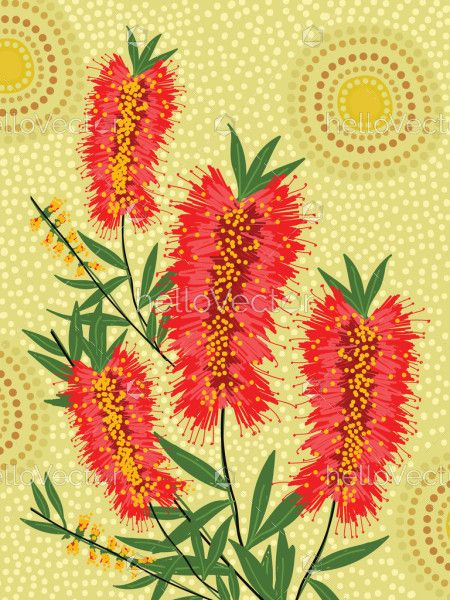 Aboriginal painting featuring red bottle brush tree