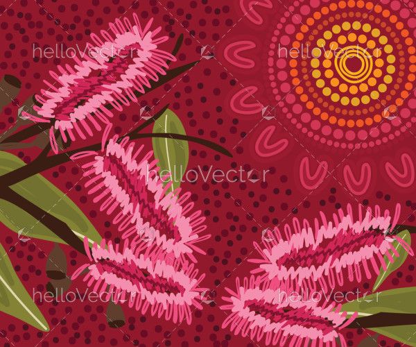 Pink bottle brush flora in indigenous painting