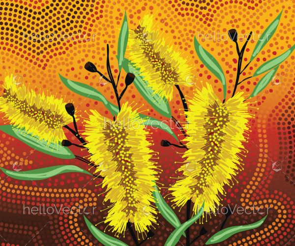 Aboriginal art of yellow bottle brush plant