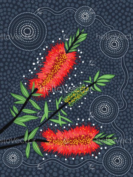 Red bottle brush tree depicted in aboriginal style