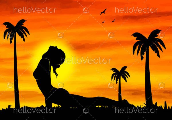 Illustrated sunset background with a yoga pose silhouette
