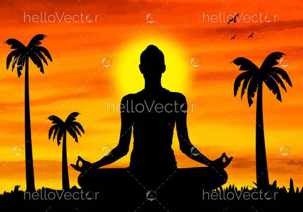 A silhouette of a yogi against a colorful sunset illustration
