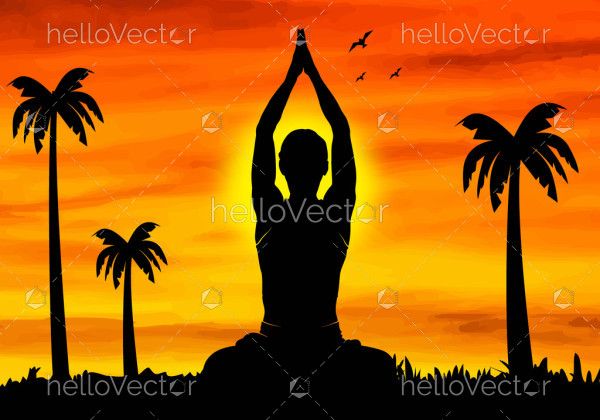 A yoga silhouette in front of an illustrated sunset scene