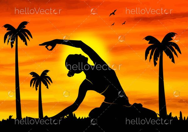 Illustration of a yoga pose with a sunset backdrop