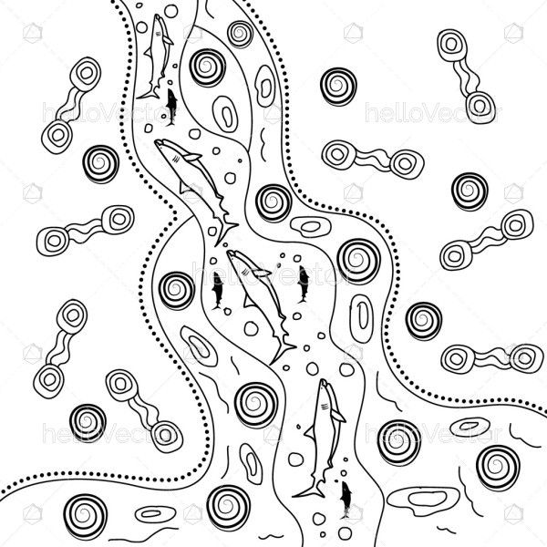 Monochrome illustration of Aboriginal river art